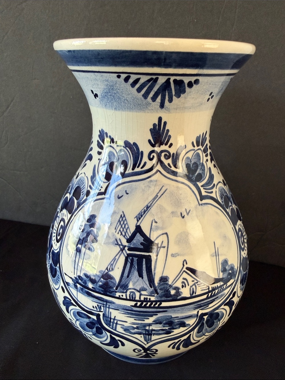 Delft Blue Hand Painted Earthenware Windmill Vase Marked D.P. Holland.